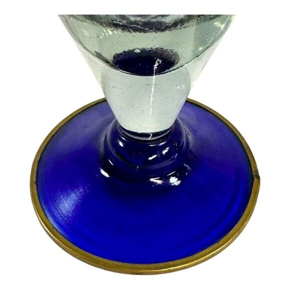 Vintage Recycled Glass Mexican Blue Rim & Gold Embellished Goblet Glasses 7" - Picture 3 of 7